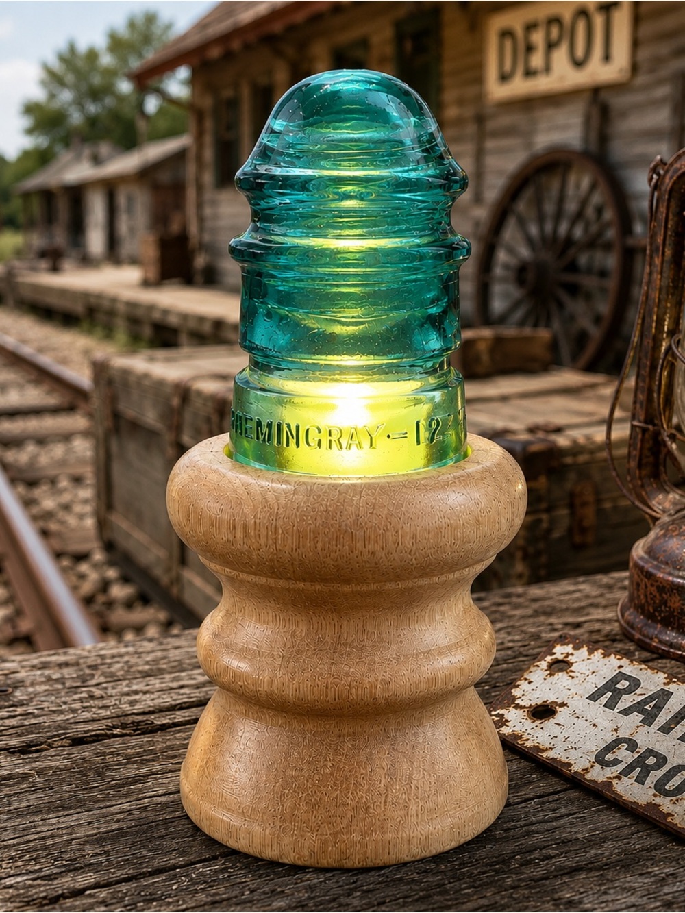 B&W Handcrafted Redneck Fairy Lamp – Hemingray-12 Aqua Insulator & Pecan